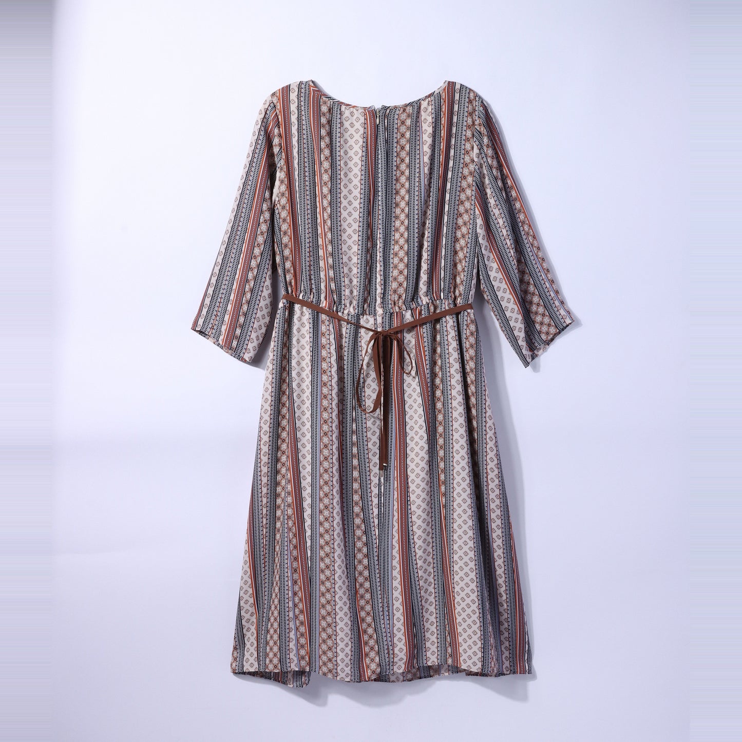 【L】小紋ランダムストライププリント ウエストギャザーワンピース