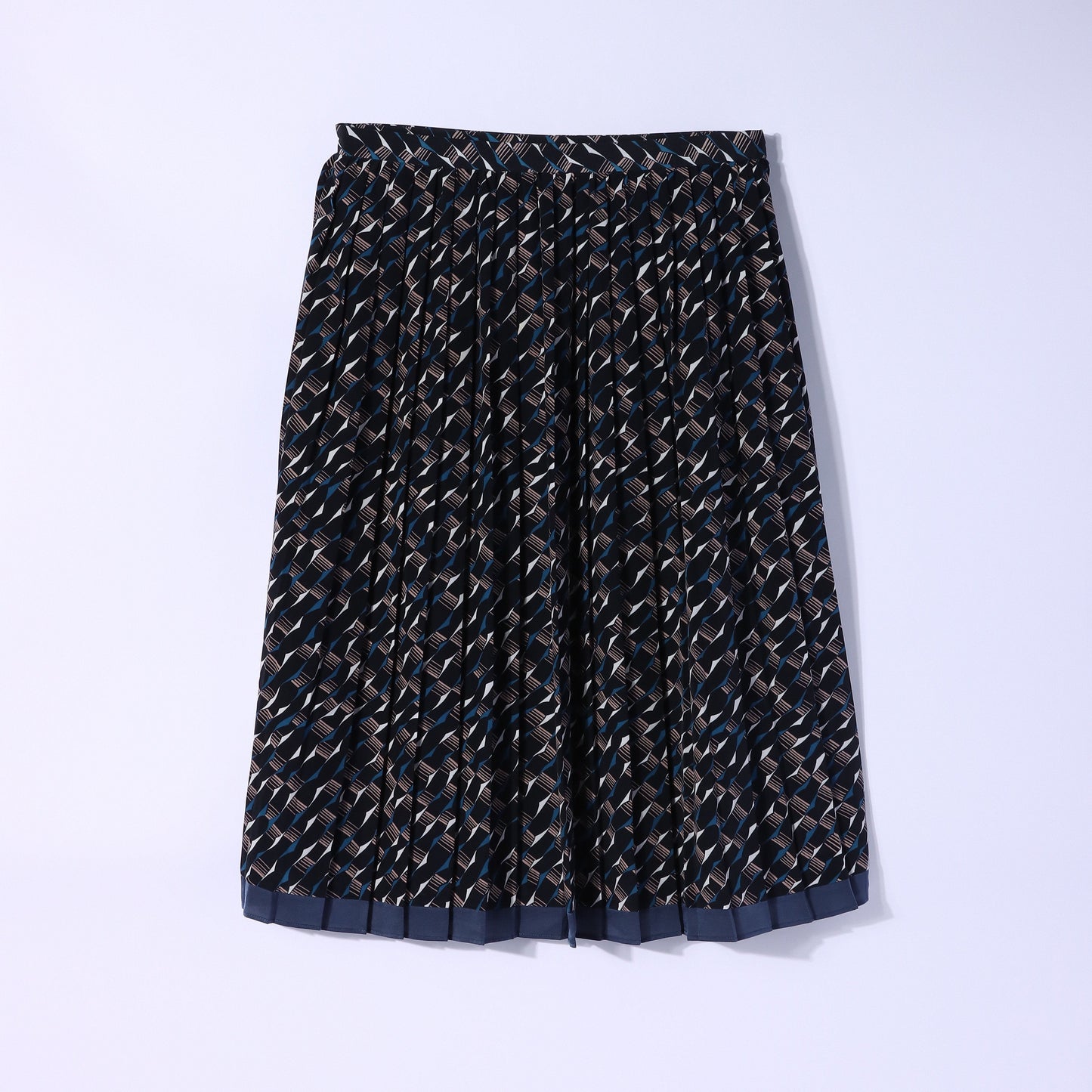 【L】ジオメトリックモチーフプリント プリーツミモレスカート