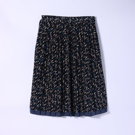 【L】ジオメトリックモチーフプリント プリーツミモレスカート