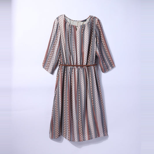【L】小紋ランダムストライププリント ウエストギャザーワンピース