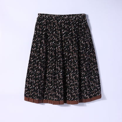 【L】ジオメトリックモチーフプリント プリーツミモレスカート